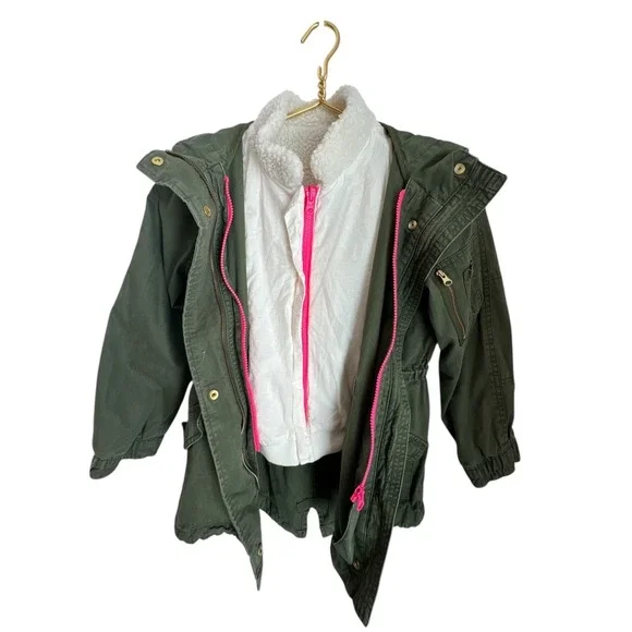 Gap Kids Army Green Utility Jacket Medium Faux Fur Lined Hood Coat Removal Vest - Picture 2 of 12